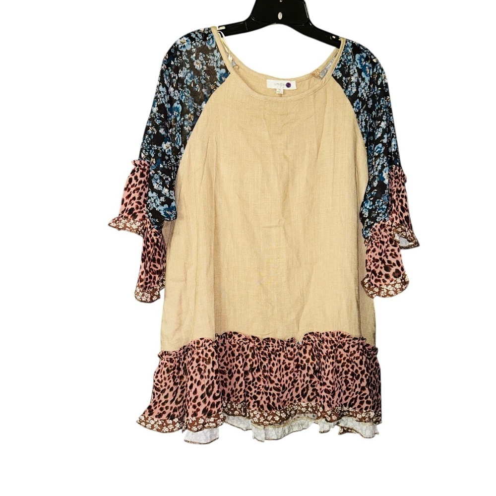 Umgee Tan Blouse with Blue and Pink Details